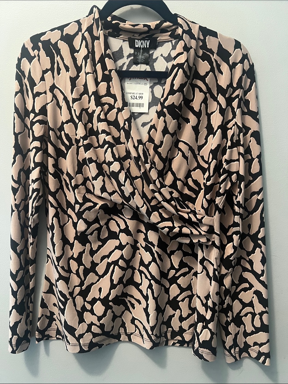 DKNY Beige and Black Abstract Wrap-Front Long Sleeve Top